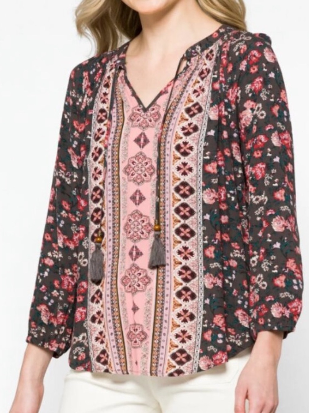 Mason & Belle Women’s Floral Bohemian Peasant Top Beaded Tassel Tie Size 2X